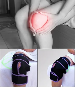 Imagen de una persona con dolor en la rodilla y la aplicación de una rodillera conectada a un sistema de crioterapia sin hielo. Este proceso ayuda a prevenir lesiones favoreciendo la recuperación muscular y articular de forma segura y eficaz.
