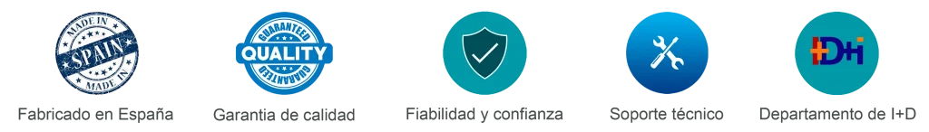 Iconos que representan fabricado en España, garantía de calidad, fiabilidad, soporte técnico y departamento de I+D en aparatología estética.