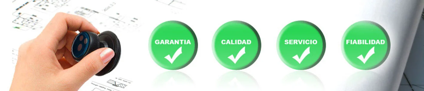 Iconos con los valores garantía, calidad, servicio y fiabilidad junto a un componente tecnológico sobre planos de ingeniería.