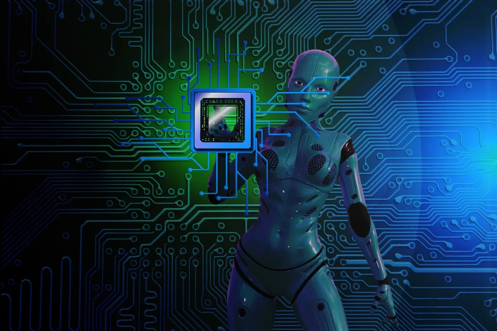 Imagen conceptual de tecnología avanzada con figura humanoide y microchip, representando innovación en aparatología estética profesional de última generación.