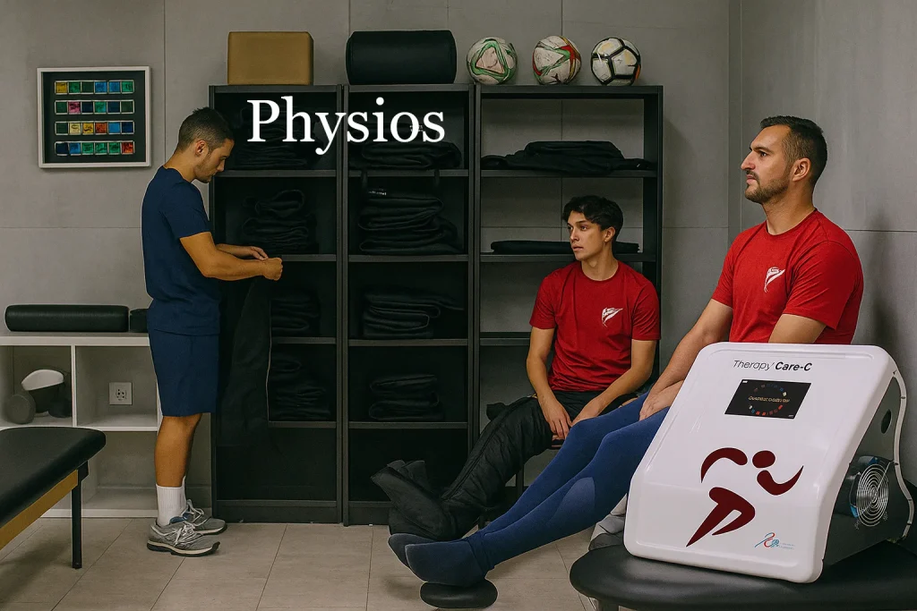 Centro de recuperación deportiva con el equipo Therapy Care C y deportistas utilizando sistema de crioterapia sin hielo y compresión hidráulica secuencial.