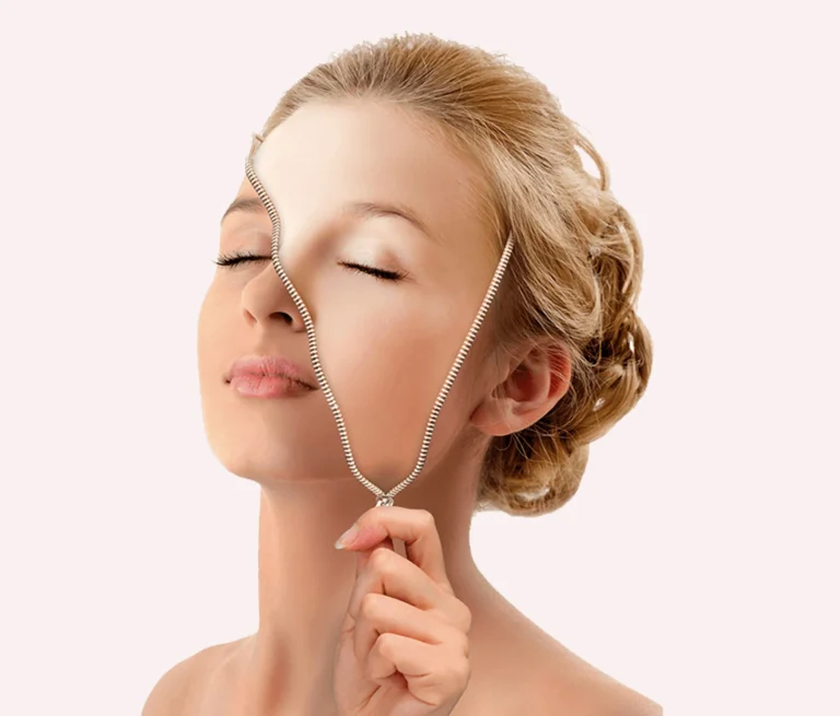 Mujer con cremallera simbólica en el rostro representando rejuvenecimiento y tratamientos faciales como hidratación, oxigenación, exfoliación y crioestética facial.