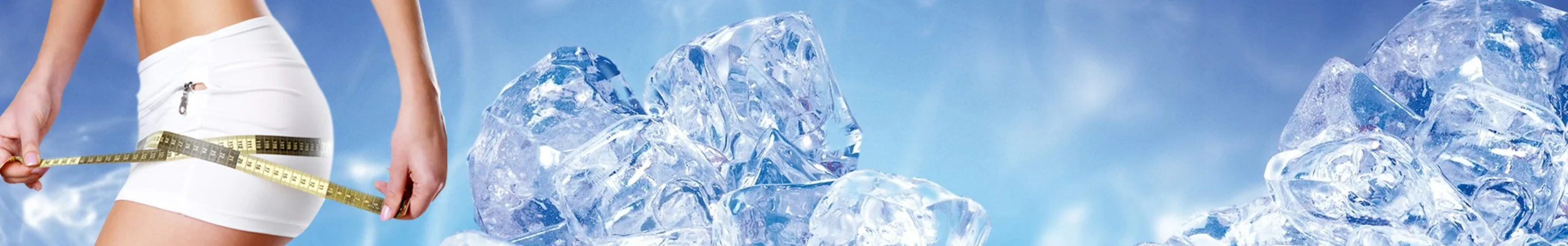 Imagen de silueta femenina midiendo su cintura junto a cubitos de hielo, representando tratamientos estéticos con tecnología de frío y resultados corporales visibles.