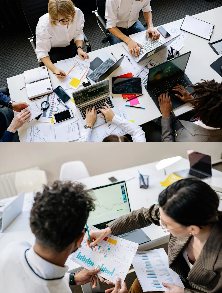 Equipo de profesionales analizando datos y trabajando con ordenadores y documentos en un entorno de investigación y desarrollo tecnológico.