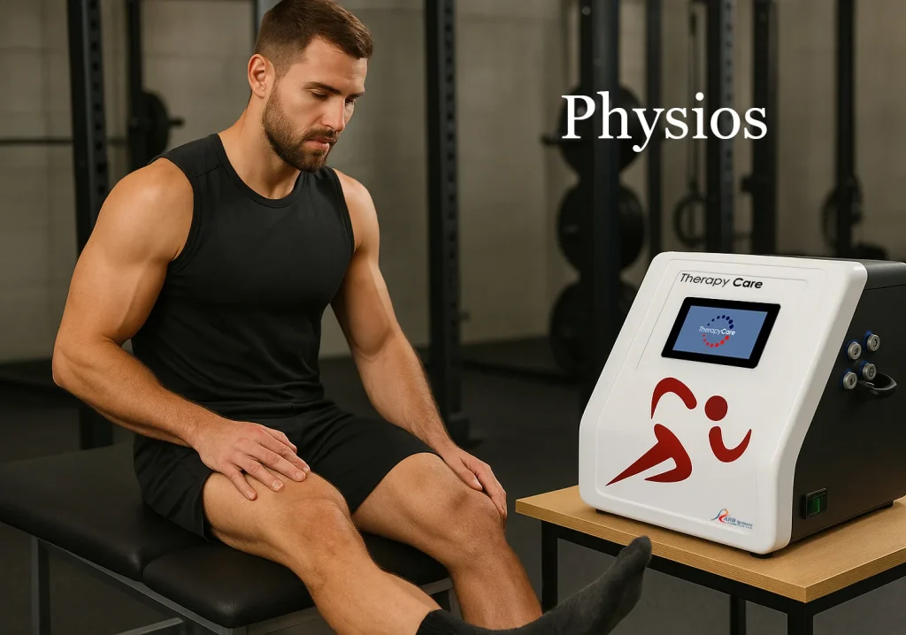 Deportista sentado junto al equipo Therapy Care en un entorno deportivo, utilizando tecnología de crioterapia y termoterapia para la recuperación muscular.