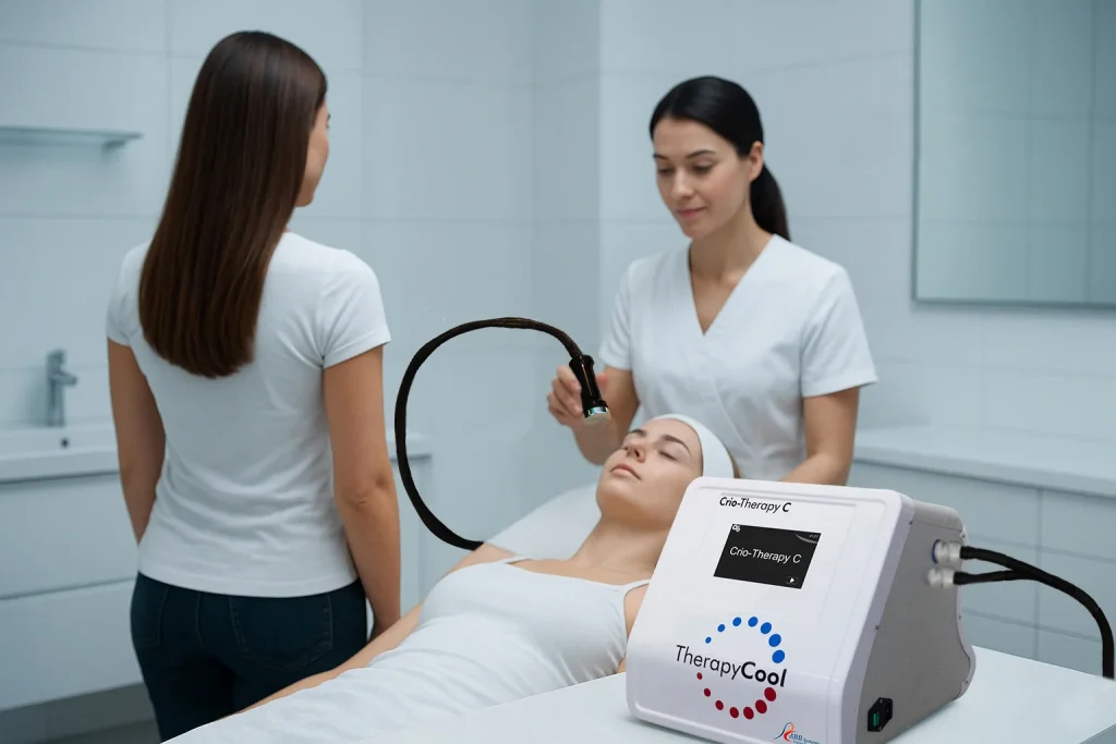 Tratamiento estético facial con el equipo Crio Therapy C aplicando frío controlado para mejorar la calidad de la piel en un centro de belleza profesional.