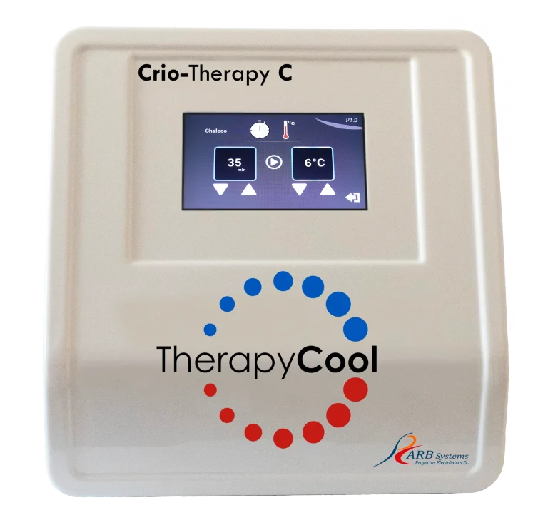 Cryo Therapy C unit with touch screen that displays time and temperature settings for process control.