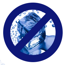 Symbole d'interdiction sur un glaçon, représentant une technologie de refroidissement active sans besoin de glace ni d'eau.