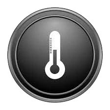 Icône circulaire noire avec un thermomètre au centre, symbolisant la régulation automatique et stable de la température par temps froid et chaud.