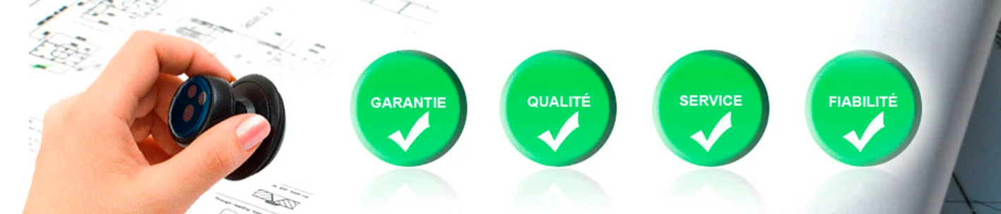 Des icônes affichant les valeurs de garantie, qualité, service et fiabilité, ainsi qu'une composante technologique sur les plans d'ingénierie.