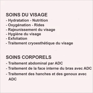 Liste des traitements du visage et du corps pouvant être réalisés avec l'applicateur à contraste direct (DCA), y compris l'hydratation, le rajeunissement et les traitements corporels localisés.