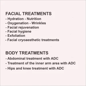List of facial and body treatments that can be performed with the Direct Contrast Applicator (DCA), including hydration, rejuvenation and localized body treatments.