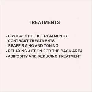 Informative image with a list of aesthetic treatments such as cryo-aesthetics, contrasts, firming and reduction applicable with an abdominal-lumbar exchanger.