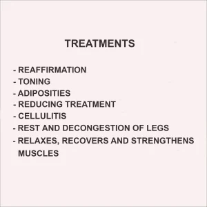 List of aesthetic treatments such as firming, toning, reduction of fat deposits and cellulite using a thermal exchanger for calves and thighs