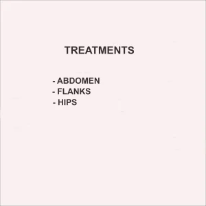 List of body areas —abdomen, flanks and saddlebags— for cryo-aesthetic exchanger treatments.