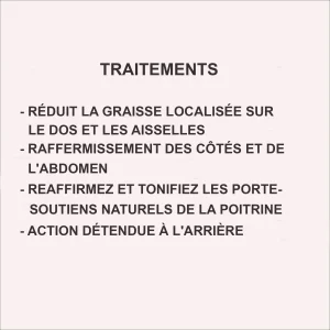 Image accompagnée d'un texte décrivant des traitements esthétiques tels que la réduction localisée des graisses, l'action raffermissante et relaxante, associés à l'utilisation d'un gilet chauffant.