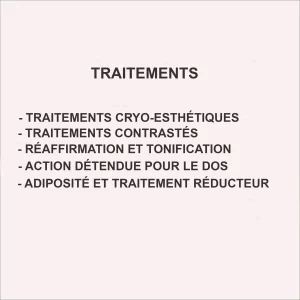 Image informative présentant une liste de traitements esthétiques tels que la cryo-esthétique, les contrastes, le raffermissement et la réduction, applicables avec un appareil abdominal-lombaire.