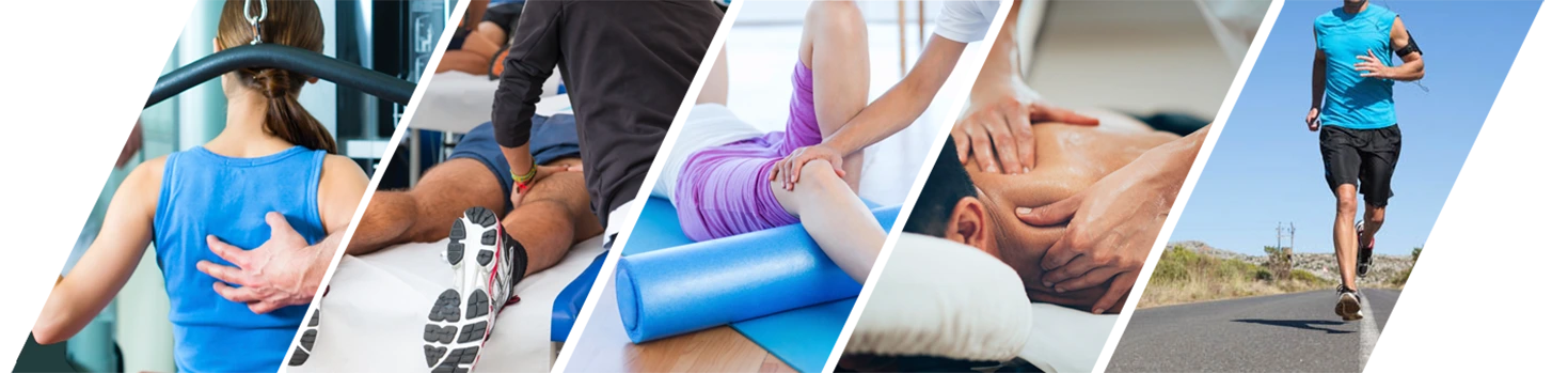 Collage of sports and recovery activities: training, stretching, physiotherapy, massages and running, representing the comprehensive use of specialized equipment in muscle maintenance and recovery.