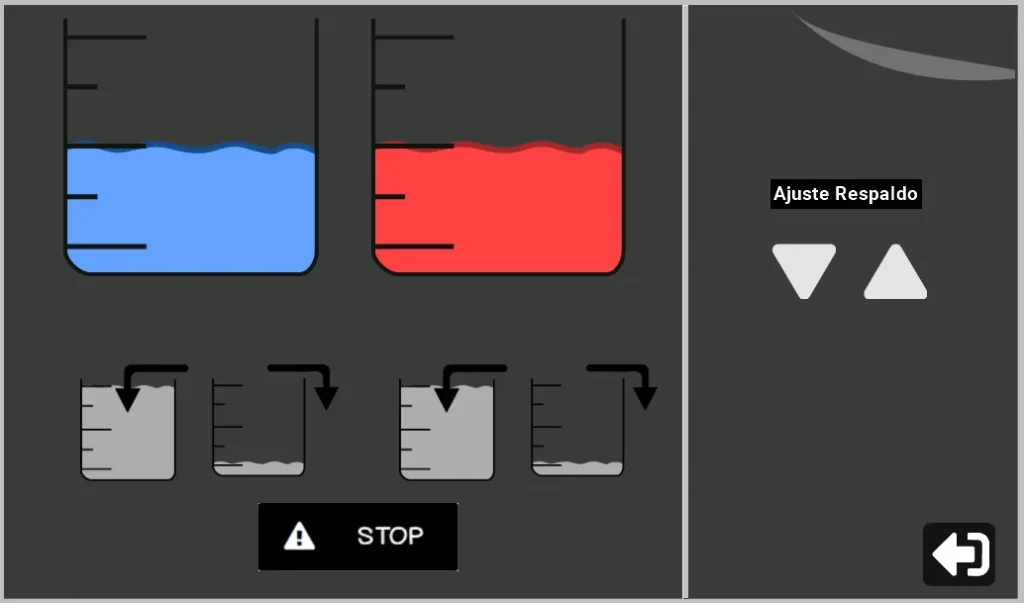 Pantalla de control que muestra los depósitos de calor y frío con opciones de vaciado e indicaciones de llenado automático.